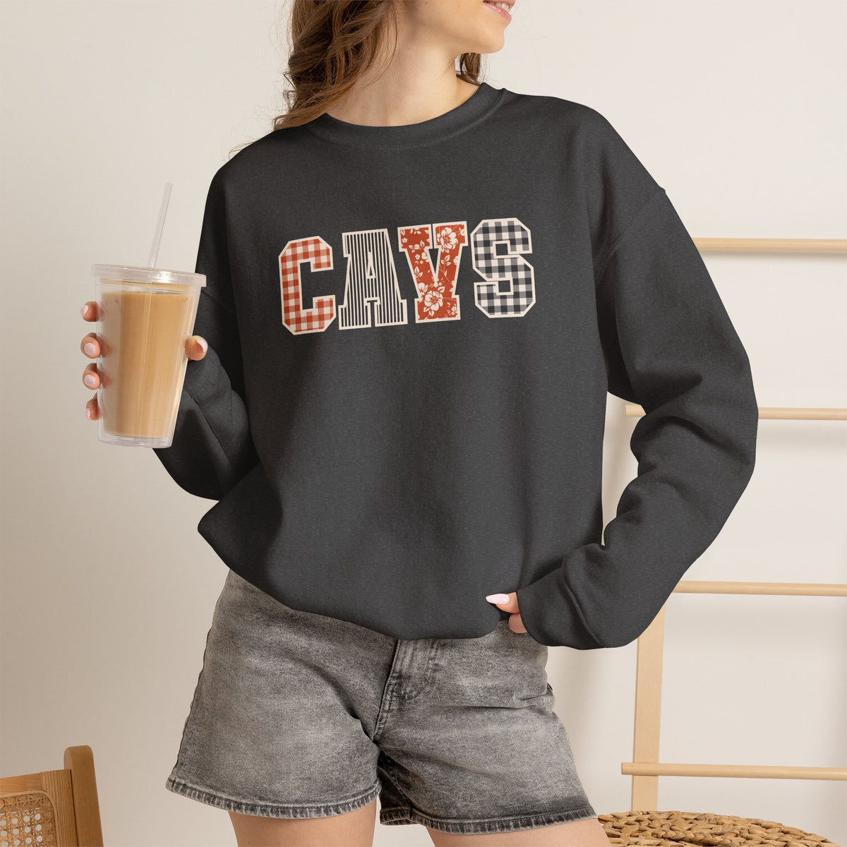 CAVS Women's Plaid Patch Letters Crewneck Sweatshirt | Gildan