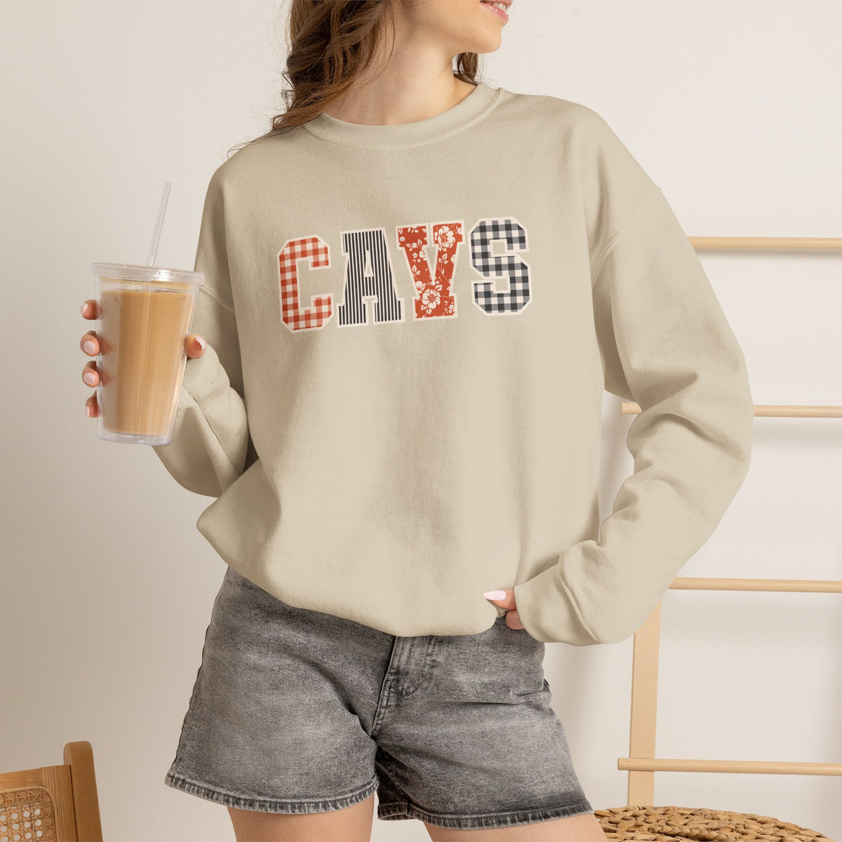 CAVS Women's Plaid Patch Letters Crewneck Sweatshirt | Gildan