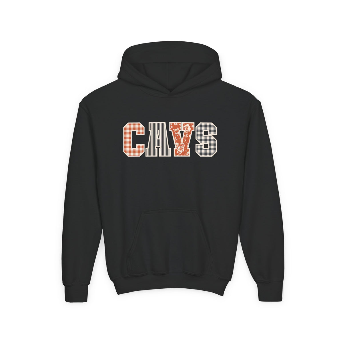 CAVS Youth Hoodie — Plaid & Floral Varsity Lettering Kids Sweatshirt